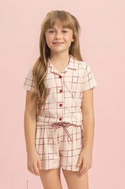 Short Doll Manga Curta Aberto coleção Xadrez do Amor — pijama infantil Lua Encantada Verão 2027, ref. 10240002